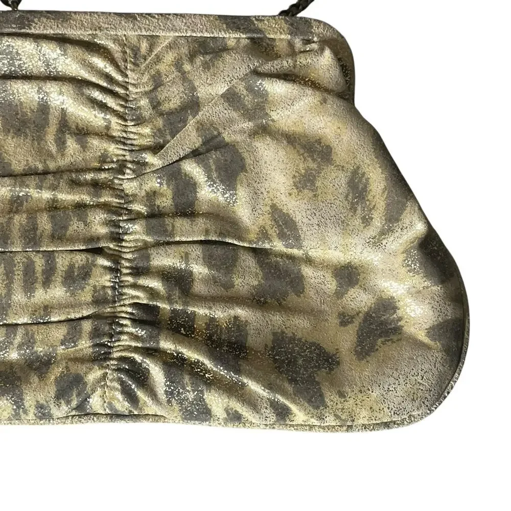 Hobo International Vtg. Frame Bag Clutch Chain Kiss Lock Leopard Print Tan Gold